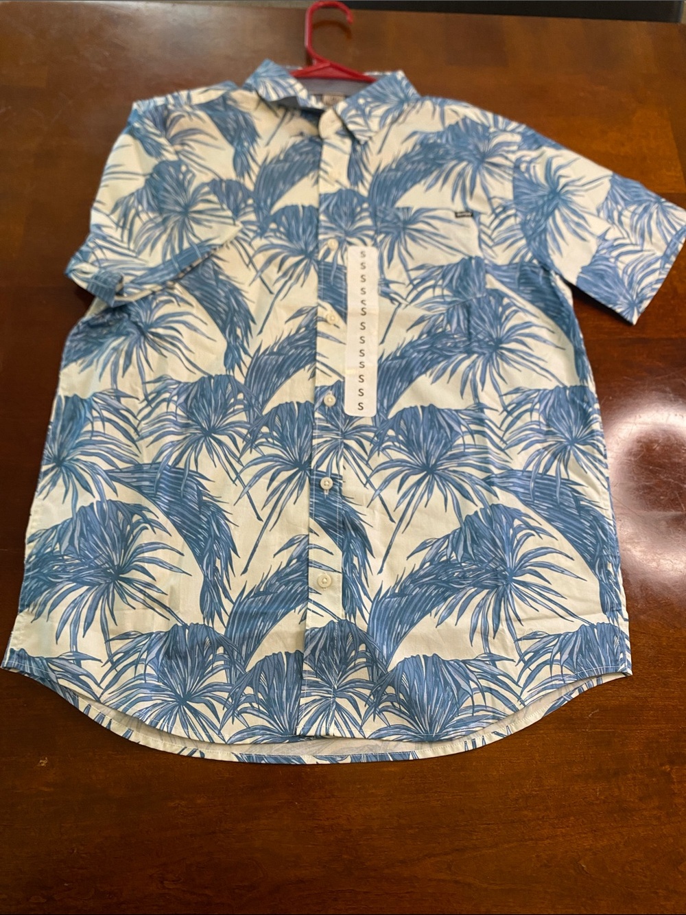 Hurley Blue and White Palm Print Short Sleeve Button-Down Shirt